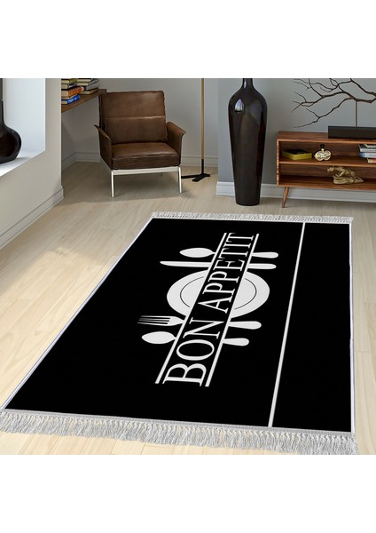 Dekoratif Özel Tasarım Pamuklu Dokuma Taban Yumuşak Dokulu Halı Siyah - Beyaz 80 x 150 cm