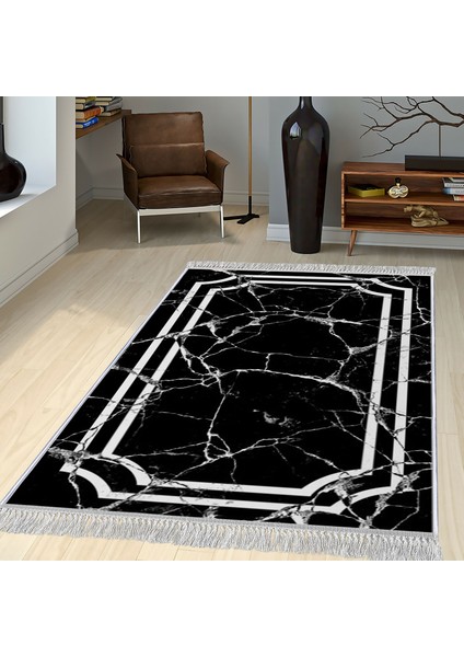 Dekoratif Özel Tasarım Pamuklu Dokuma Taban Yumuşak Dokulu Halı Siyah - Beyaz 80 x 120 cm