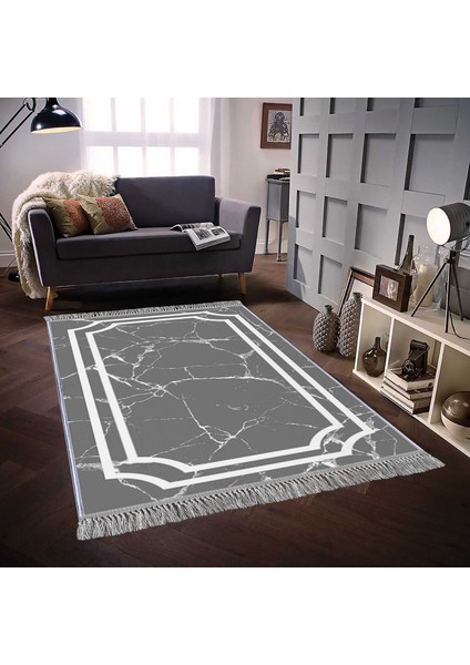 Dekoratif Özel Tasarım Pamuklu Dokuma Taban Yumuşak Dokulu Halı Gri - Beyaz 80 x 120 cm