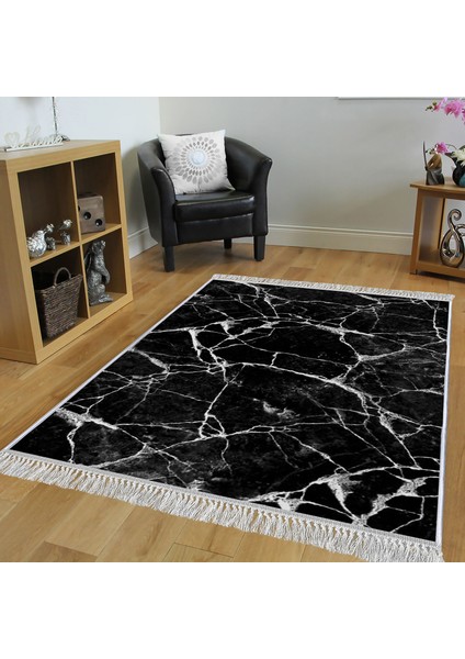 Dekoratif Özel Tasarım Pamuklu Dokuma Taban Yumuşak Dokulu Halı Siyah 80 x 120 cm