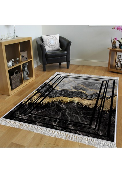 Dekoratif Özel Tasarım Pamuklu Dokuma Taban Yumuşak Dokulu Halı Siyah 80 x 120 cm