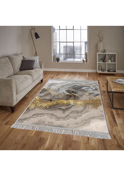 Dekoratif Özel Tasarım Pamuklu Dokuma Taban Yumuşak Dokulu Halı Siyah - Beyaz - Gold 80 x 120 cm