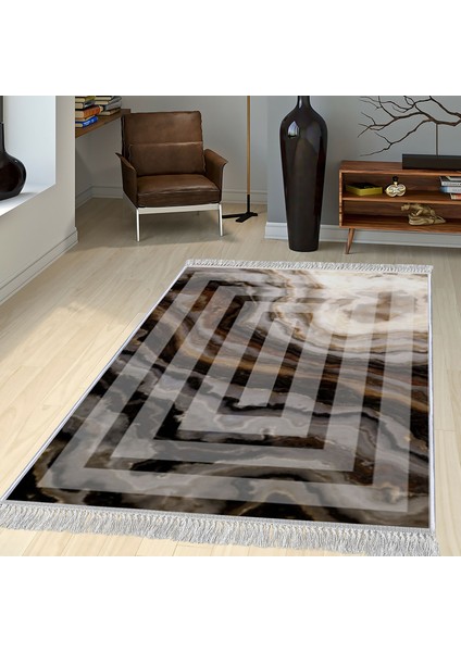 Dekoratif Özel Tasarım Pamuklu Dokuma Taban Yumuşak Dokulu Halı Siyah - Bej 80 x 120 cm