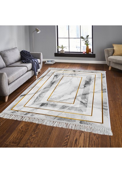 Dekoratif Özel Tasarım Pamuklu Dokuma Taban Yumuşak Dokulu Halı Gri - Gold 80 x 120 cm