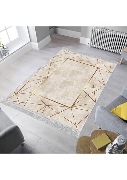 Dekoratif Özel Tasarım Pamuklu Dokuma Taban Yumuşak Dokulu Halı Krem - Gold 80 x 120 cm