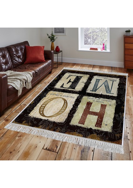 Dekoratif Özel Tasarım Pamuklu Dokuma Taban Yumuşak Dokulu Halı Siyah - Bej 80 x 120 cm