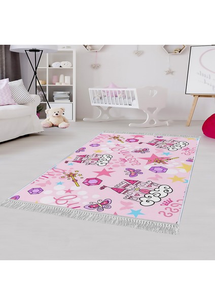 Dekoratif Özel Tasarım Pamuklu Dokuma Taban Yumuşak Dokulu Antibakteriyel Çocuk Halısı Pembe 100 x 150 cm