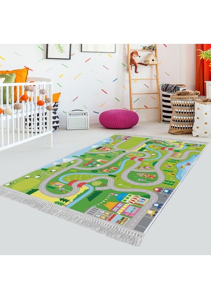 Dekoratif Özel Tasarım Pamuklu Dokuma Taban Yumuşak Dokulu Modern Çocuk Halısı Yeşil 80 x 120 cm