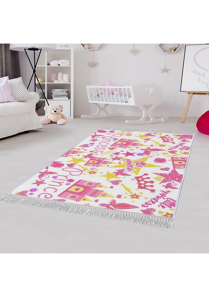 Dekoratif Özel Tasarım Pamuklu Dokuma Taban Yumuşak Dokulu Çocuk Halısı Pembe - Beyaz 80 x 120 cm