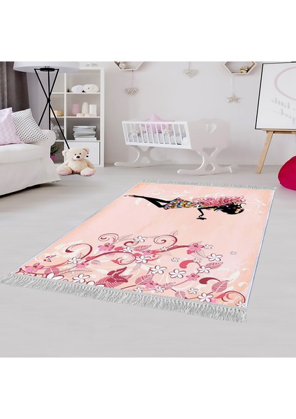 Dekoratif Özel Tasarım Pamuklu Dokuma Taban Yumuşak Dokulu Antibakteriyel Çocuk Halısı Pembe 80 x 120 cm