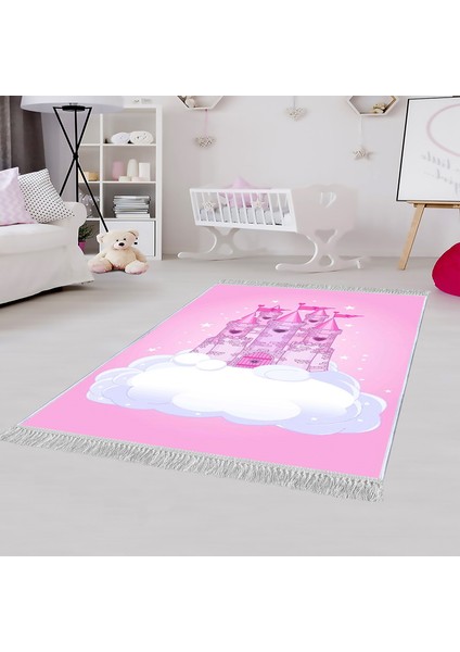 Dekoratif Özel Tasarım Pamuklu Dokuma Taban Yumuşak Dokulu Çocuk Halısı Pembe - Beyaz 80 x 120 cm