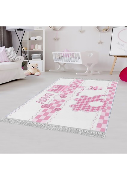 Dekoratif Özel Tasarım Pamuklu Dokuma Taban Yumuşak Dokulu Modern Çocuk Halısı Pembe - Beyaz 80 x 120 cm