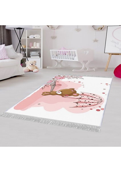 Dekoratif Özel Tasarım Pamuklu Dokuma Taban Yumuşak Dokulu Çocuk Halısı Pembe - Beyaz 80 x 120 cm