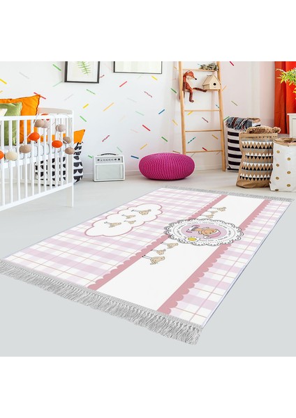 Dekoratif Özel Tasarım Pamuklu Dokuma Taban Yumuşak Dokulu Çocuk Halısı Pembe - Beyaz 80 x 120 cm