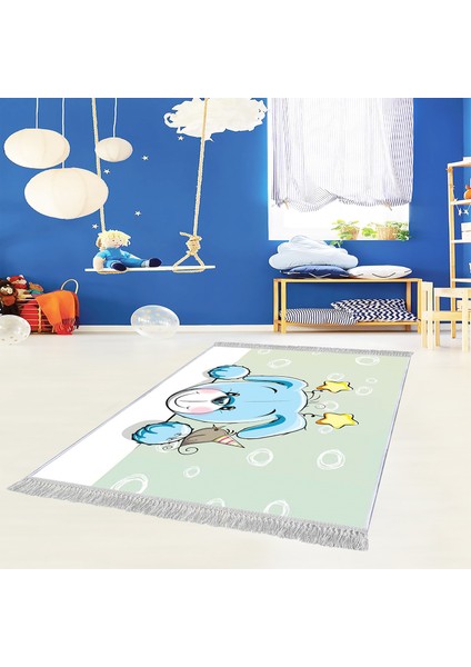 Dekoratif Özel Tasarım Pamuklu Dokuma Taban Yumuşak Dokulu Modern Çocuk Halısı Mavi - Beyaz 80 x 120 cm