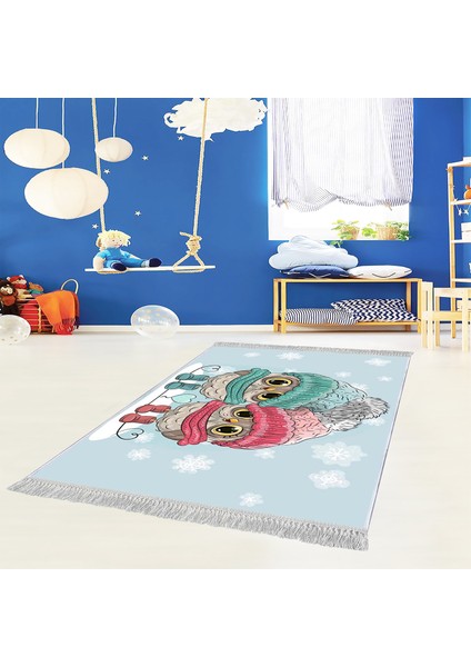 Dekoratif Özel Tasarım Pamuklu Dokuma Taban Yumuşak Dokulu Antibakteriyel Çocuk Halısı Mavi - Bej 80 x 120 cm