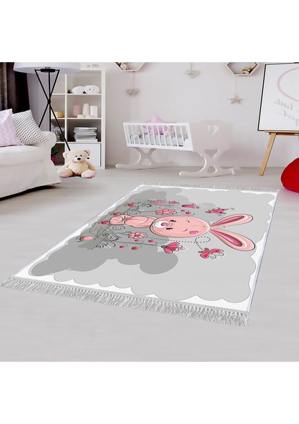 Dekoratif Özel Tasarım Pamuklu Dokuma Taban Yumuşak Dokulu Çocuk Halısı Gri - Pembe 80 x 120 cm