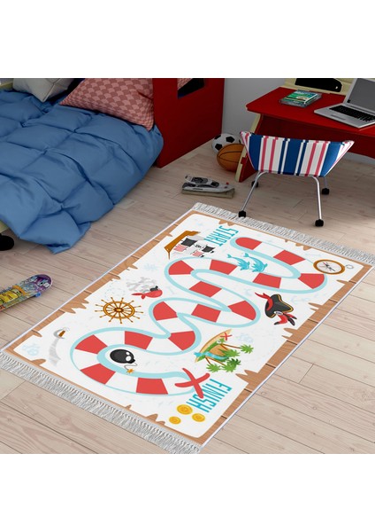 Dekoratif Özel Tasarım Pamuklu Dokuma Taban Yumuşak Dokulu Çocuk Halısı Beyaz - Turkuaz 80 x 120 cm