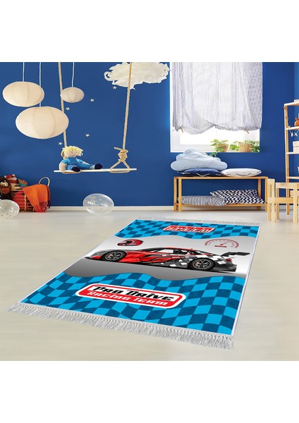 Dekoratif Özel Tasarım Pamuklu Dokuma Taban Yumuşak Dokulu Modern Çocuk Halısı Mavi 80 x 120 cm