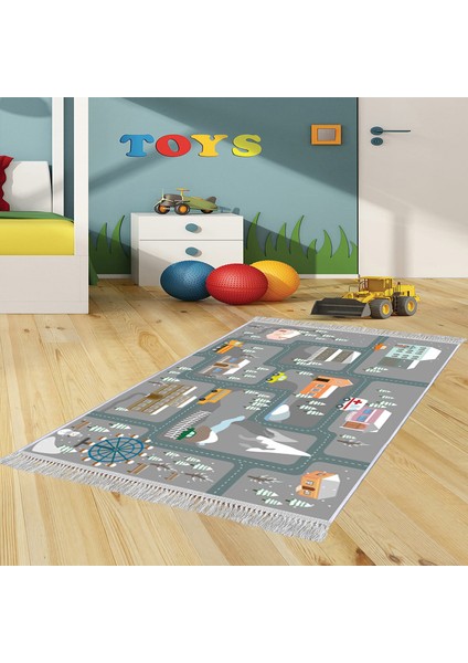 Dekoratif Özel Tasarım Pamuklu Dokuma Taban Yumuşak Dokulu Modern Çocuk Halısı Gri - Bej 80 x 120 cm
