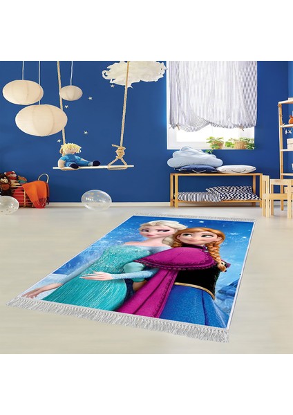 Dekoratif Özel Tasarım Pamuklu Dokuma Taban Yumuşak Dokulu Antibakteriyel Çocuk Halısı Mavi - Beyaz 80 x 120 cm