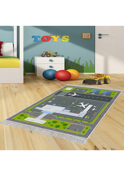 Dekoratif Özel Tasarım Pamuklu Dokuma Taban Yumuşak Dokulu Çocuk Halısı Yeşil - Bej 80 x 120 cm