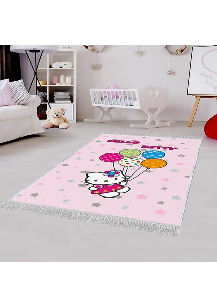 Dekoratif Özel Tasarım Pamuklu Dokuma Taban Yumuşak Dokulu Modern Çocuk Halısı Pembe - Beyaz 80 x 120 cm