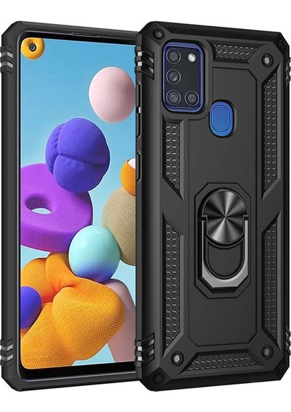 Samsung Galaxy A21S Kılıf Çift Katmanlı Yüzüklü Manyetik Vega Kapak Siyah + Tam Kaplayan 5D Cam Ekran Koruyucu