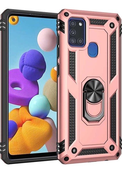 Samsung Galaxy A21S Kılıf Çift Katmanlı Yüzüklü Manyetik Vega Kapak Rose + Tam Kaplayan 5D Cam Ekran Koruyucu