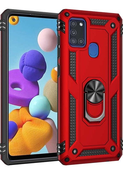 Samsung Galaxy A21S Kılıf Çift Katmanlı Yüzüklü Manyetik Vega Kapak Kırmızı + Nano Ekran Koruyucu