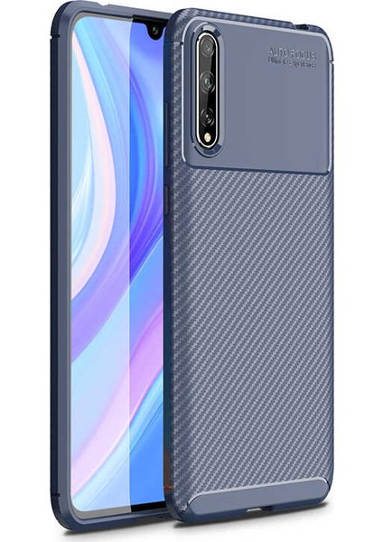 Huawei P Smart S (Y8P) Kılıf Karbon Desenli Lux Negro Silikon Lacivert + Nano Ekran Koruyucu