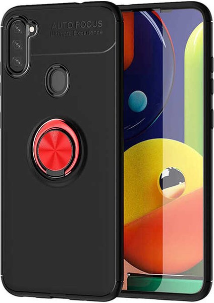 Samsung Galaxy M11/A11 Kılıf Ultra Korumalı Yüzüklü Manyetik Ravel Silikon Siyah Kırmızı