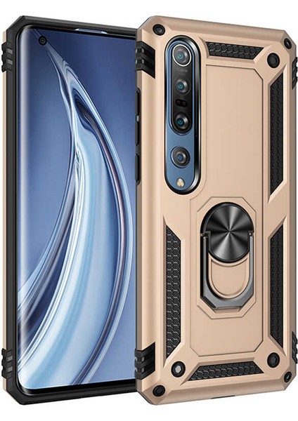 Xiaomi Mi Note 10 Lite Kılıf Çift Katmanlı Yüzüklü Manyetik Vega Kapak Gold