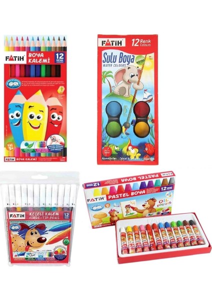 Boyama Seti 12 Renk Pastel + Sulu + Kuru + Keçeli Kalem 4'lü