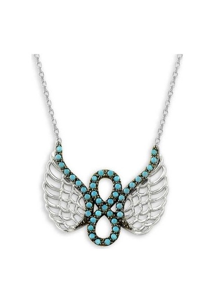 Sevgiliye Hediye Turkuaz Taşlı Melek Kanadı Sonsuzluk Kadın Gümüş Kolye
