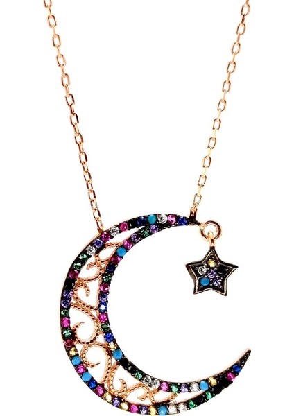 Renkli Zirkon Taşlı Ayyıldız Kadın Gümüş Kolye Zincir