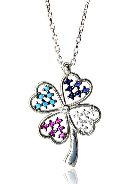 Mix Zirkon Taşlı Yonca Kadın Gümüş Kolye