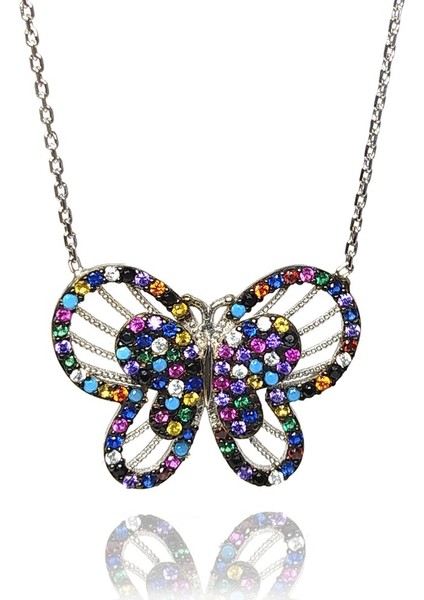 Mix Zirkon Taşlı Kelebek Kadın Gümüş Kolye