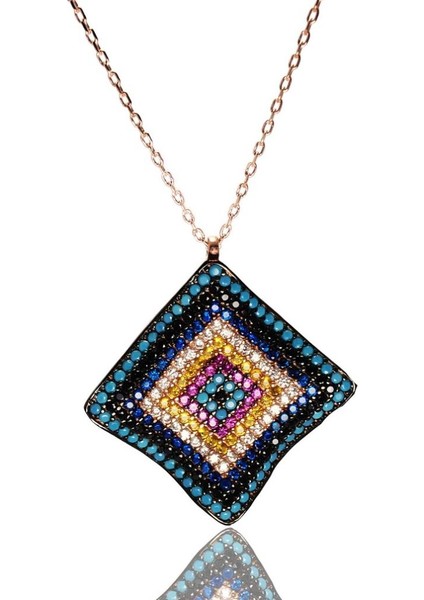 Kare Dalgalı Nazarlık Modeli Kadın Gümüş Kolye Büyük Boy