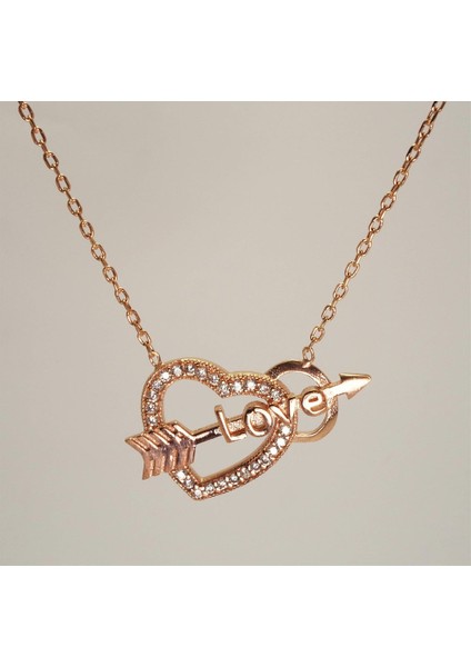 Kalpli Oklu Love Kadın Gümüş Kolye Rose Model