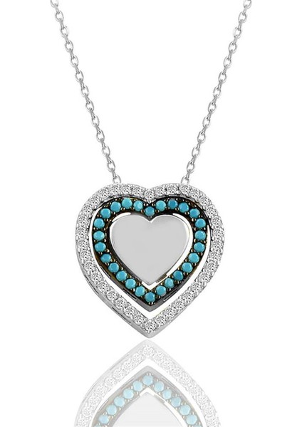 İç içe Sallanan 3 Kalpli Turkuaz ve Zirkon Kadın Gümüş Kolye