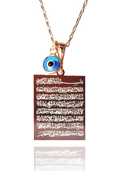 Diktörtgen Ayetel Kürsi Yazılı Rose Kadın Gümüş Kolye