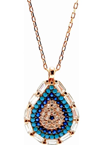 Baget ve Turkuaz Taşlı Damla Model Nazar Boncuğu Rose Gümüş Kolye