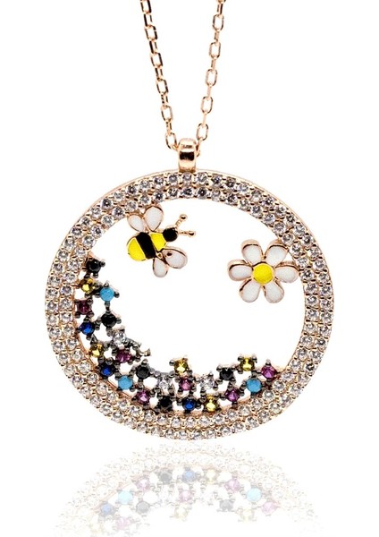 Arı ve Bahar Çiçekleri Rose Kadın Gümüş Kolye