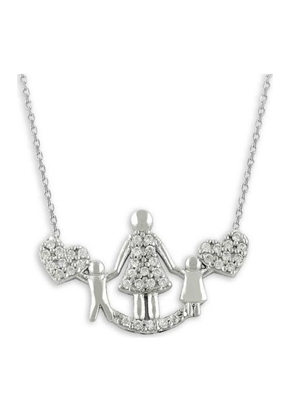 Anne ve Çocukları Zirkon Taşlı Kalp Gümüş Kadın Kolyesi