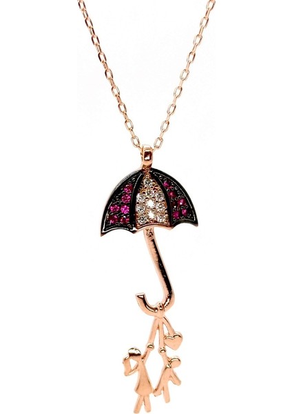 Anne Çocuk Şemsiyeli Kadın Gümüş Kolye Zincir