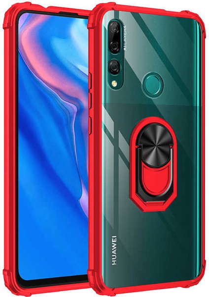 - Huawei Y9 Prime 2019 - Kılıf Yüzüklü Arkası Şeffaf Koruyucu Mola Kapak - Kırmızı