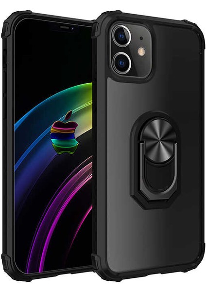 Apple iPhone 12 Pro (6.1'') Kılıf Ultra Korumalı Yüzüklü Standlı Mola Kapak + Cam Ekran Koruyucu Siyah