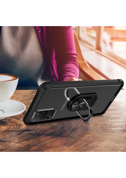 Apple iPhone 12 Pro (6.1'') Kılıf Ultra Korumalı Yüzüklü Standlı Mola Kapak + Cam Ekran Koruyucu Siyah
