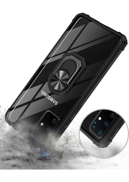 Apple iPhone 12 Pro (6.1'') Kılıf Ultra Korumalı Yüzüklü Standlı Mola Kapak + Cam Ekran Koruyucu Siyah